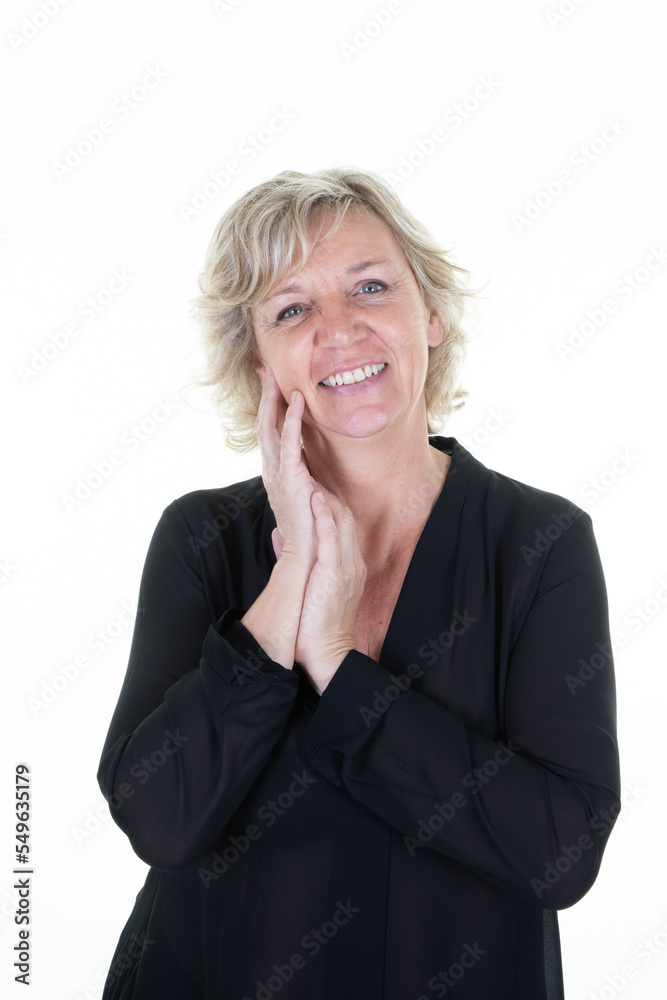 senior woman 60 years hand under chin face in white background senior woman 60 years hand under chin face in white background