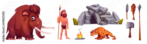 Fotografia, Obraz Cave man, prehistoric primitive person in stone age cartoon icons set