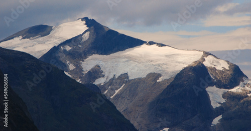 View of the Jostedalsbreen Glacier. Mountains covered with snow and ice. Norwegian landscape. Panorama. Jostedalsbreen National Park, Norway, Scandinavia. photo