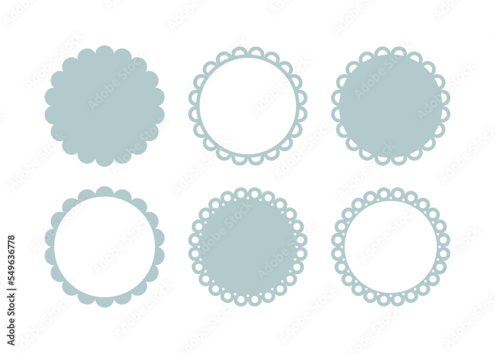 Circle scalloped frame. Scalloped edge round shape. Simple label and sticker form. Flower silhouette lace frame. Repeat cute vintage frill ornament. Vector illustration isolated on white background. Circle scalloped frame. Scalloped edge round shape. Simple label and sticker form. Flower silhouette lace frame. Repeat cute vintage frill ornament. Vector illustration isolated on white background.