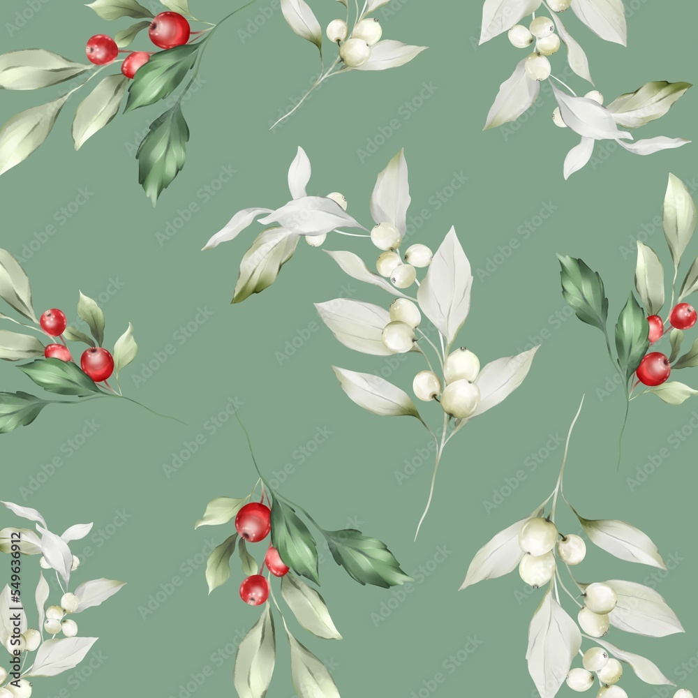 Seamless Christmas pattern trees with branches and berries in a watercolor style Seamless Christmas pattern trees with branches and berries in a watercolor style