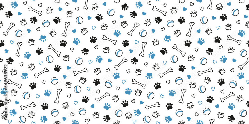 Seamless dog pattern with paw prints, bones, hearts and balls. Cat foot texture. Pattern with doggy pawprint and bones. Dog texture. Hand drawn vector illustration in doodle style on white background. Seamless dog pattern with paw prints, bones, hearts and balls. Cat foot texture. Pattern with doggy pawprint and bones. Dog texture. Hand drawn vector illustration in doodle style on white background.