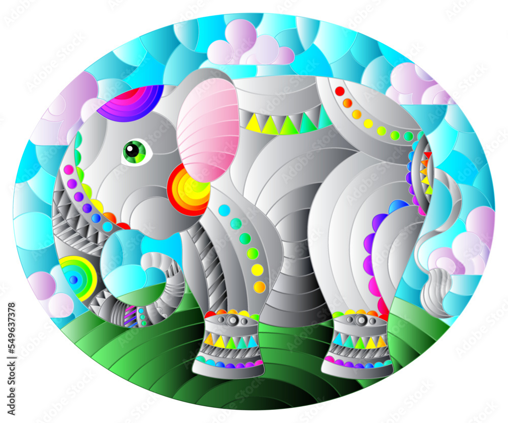 Illustration in stained glass style with abstract cute elephant on a blue sky background with clouds, oval image