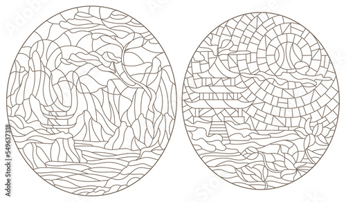 Set of contour illustrations in stained glass style with mountain Eastern landscapes with temples on the lake shore, dark outlines on a white background