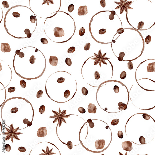 Coffee. Watercolor Pattern. Illustration for clipart. Designed for menus, culinary blogs, packaging, textiles, web design, sites, stickers, invitations, patterns, logos. Drawn by hand.