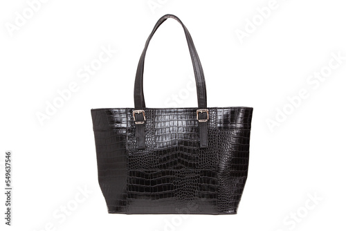 Black, leather elegant women bag. Fashionable female handbag, isolated