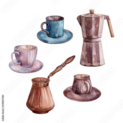 Cup, saucer, cezve. Watercolor. Set. Illustration for clipart. Designed for menus, culinary blogs, packaging, textiles, web design, sites, stickers, invitations, patterns, logos. Drawn by hand.