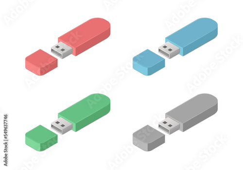 Isometric flash memory set. Colored vector illustration. Electronic data storage device. Isolated on white background.