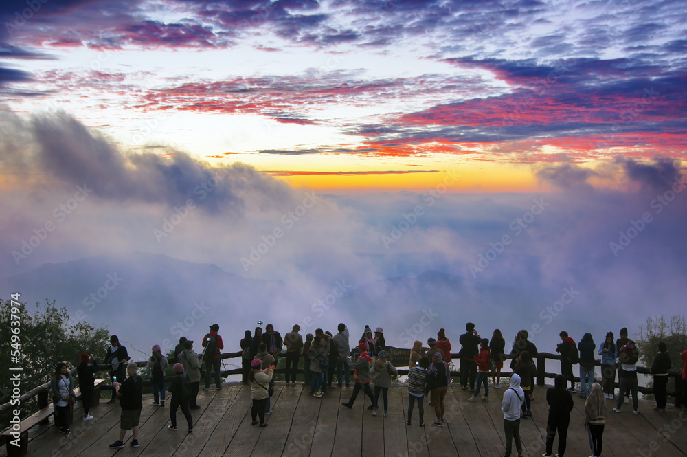 THAILAND - NOVEMBER 23: Tourists at Mon Son Viewpoint, Ang Khang, Chiang Mai Province Appreciating the atmosphere in the morning and the beautiful mist in the morning on November 23, 2019 in Thailand.