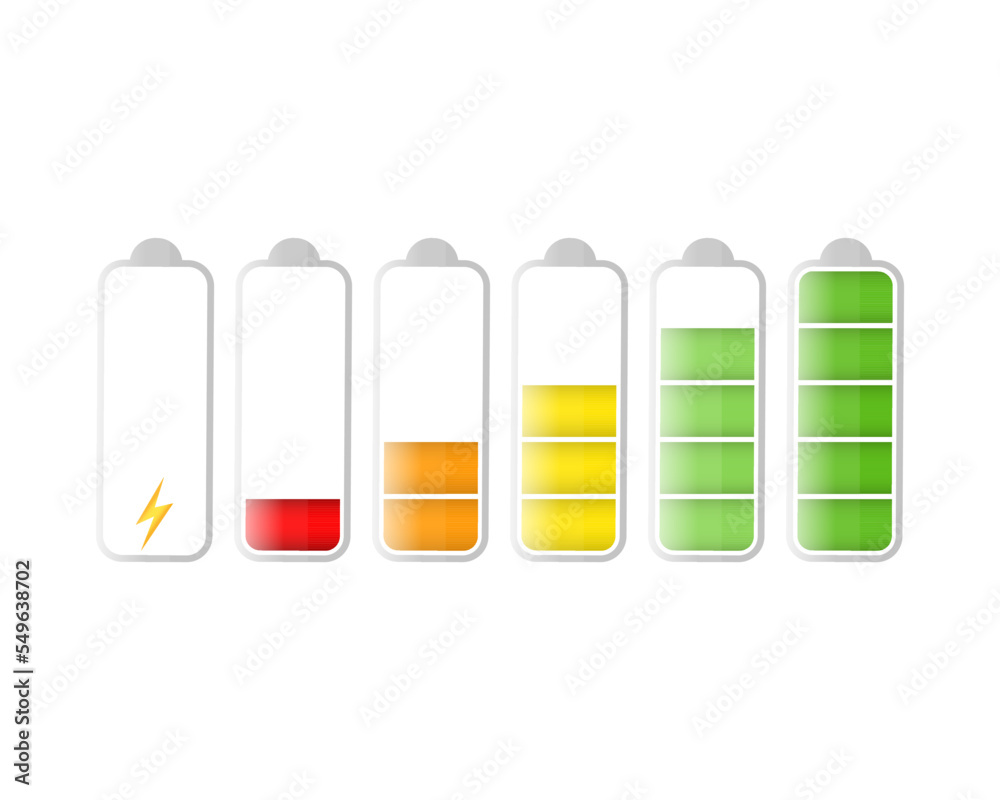 Discharged and fully charged battery. Battery charge indicator icons. Phone battery charging level. Set of color charge power. Battery charge from empty to low. Vector Illustration isolated on white 
