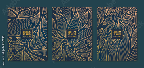 Vector japanese leaves art deco patterns. Floral golden elements template in vintage style. Luxury black line covers, flyers, brochures, packaging design, social media post, banners.