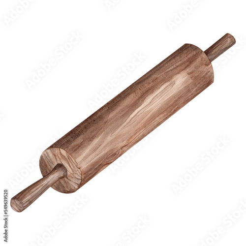 Rolling pin. Watercolor. Isolate. Illustration for clipart. Designed for menus, culinary blogs, packaging, textiles, web design, sites, stickers, invitations, patterns, logos. Drawn by hand