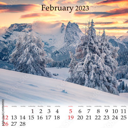 Square wall monthly calendar ready for print, February 2023. Set of calendars with beautiful landscapes. Great winter sunrise in Alpe di Siusi ski resort, Dolomite Alps, Ityaly, Europe. photo