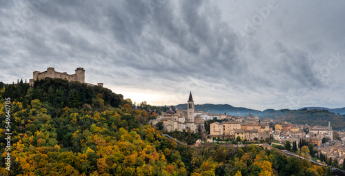 panorama view of historic Spoleto with the Rocca Albornoziana fortress and cathedral photo