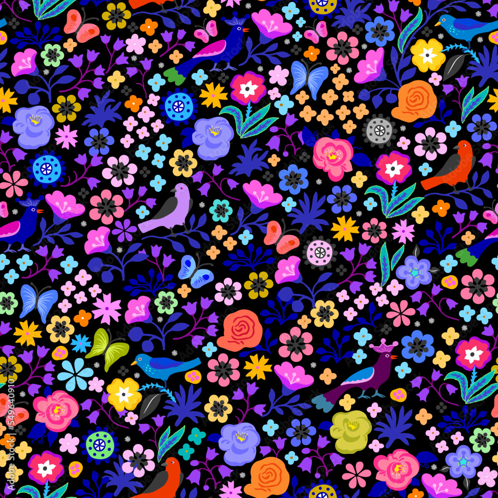A pattern of fabulous flowers and birds in purple tones. A pattern of fabulous flowers and birds in purple tones.