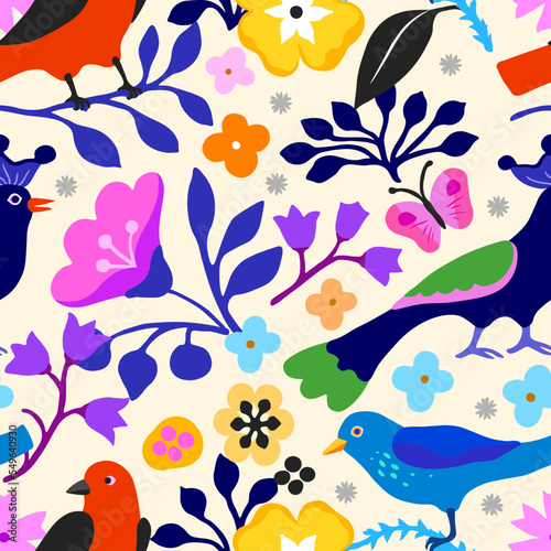A pattern of fabulous flowers and birds in purple and blue tones.