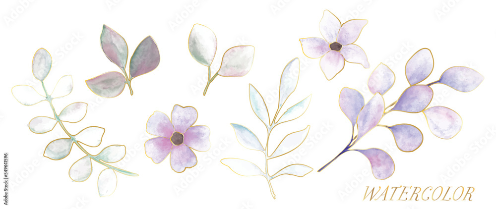 A set of watercolor art objects of natural elements. Vector illustration.