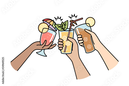 Hands of multiracial people clink glasses with different drinks. Chin-chin, toast with cocktails with ice cubes, mint leaves, lemon slices, straw. Vector contour line illustration isolated on white.