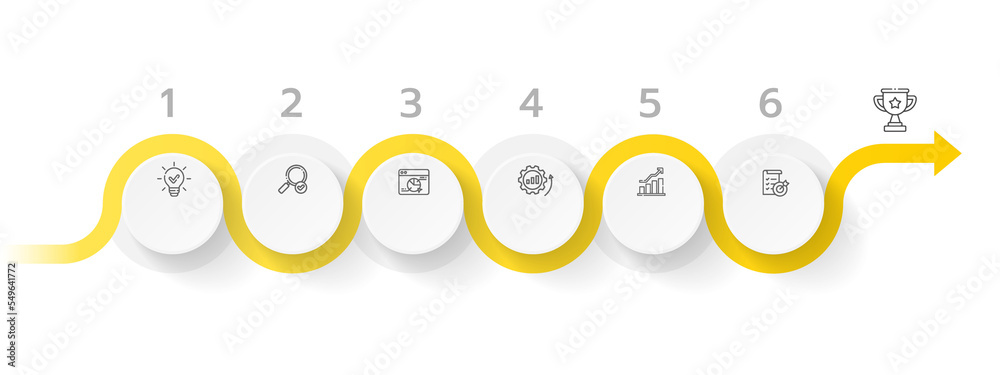 Infographic template for business. 6 Steps Modern Timeline diagram with progress circle topics, presentation vector infographic with PNG transparent background.