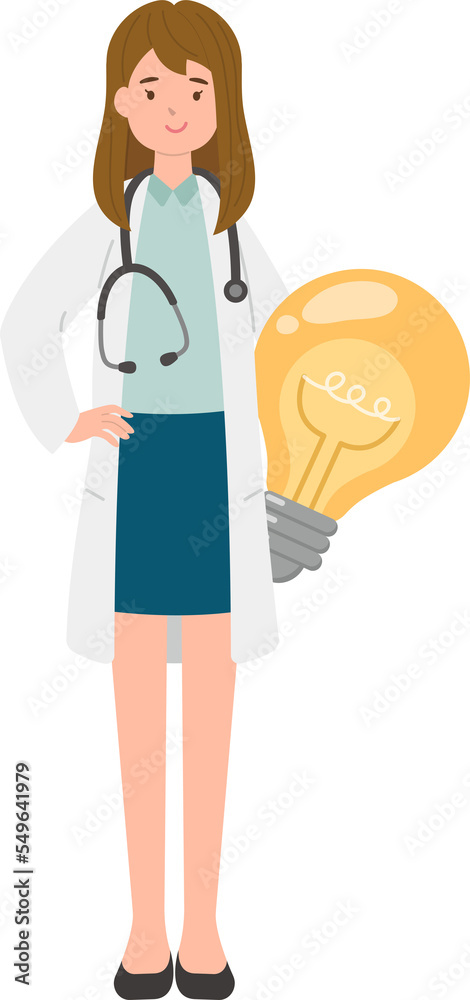 Female paramedic or doctor or nurse with light bulb, glow, bright, idea, inspiration Female paramedic or doctor or nurse with light bulb, glow, bright, idea, inspiration