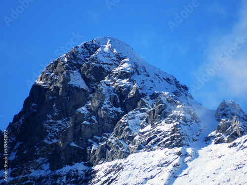 The first autumn snow on the Alpine peak Gross Schiben (2937 m) in the Swiss Alps and in the UNESCO World Heritage Tectonic Arena Sardona (UNESCO-Welterbe Tektonikarena Sardona), Vättis - Switzerland