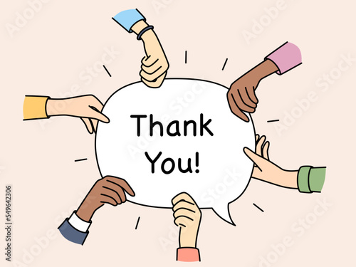 Diverse hands hold speech bubble with thank you 