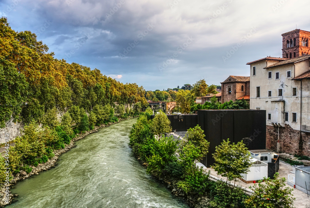 View of Tiber river and Tiber island, Rome, Italy