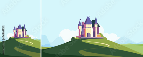 Castle on the hill in summer season. Landscape with medieval building in different formats.