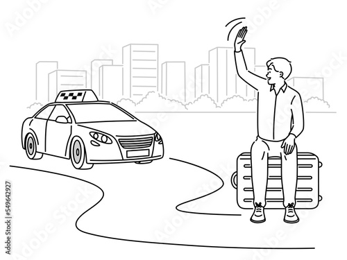 Smiling man waving to taxi driver
