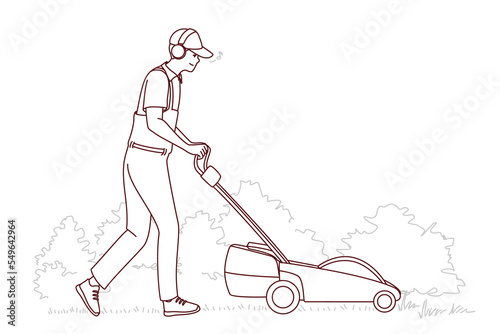 Man in uniform cut grass with electric lawn mower. Employee or worker push grass trimmer machine outdoors. Vector illustration. 