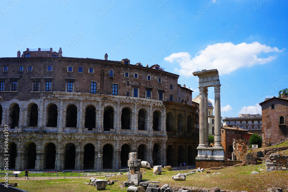 Theatre of Marcellus (Theatrum Marcelli or Teatro di Marcello) with ruins of the temple of Apollo on the right. Rome, Italy