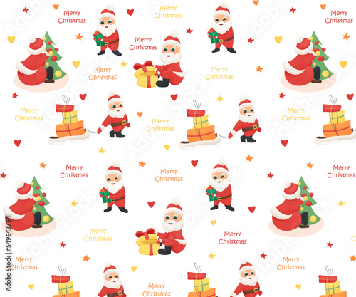 Seamless pattern with New Year's winter characters, Santa with gifts, Santa with a sleigh, Santa rejoices at a gift, congratulatory inscription, holiday pattern