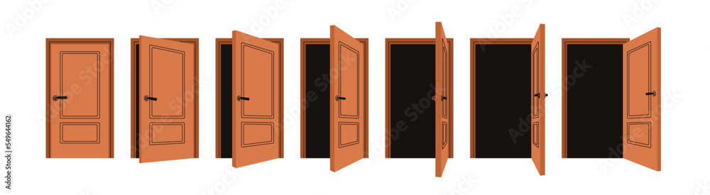 Closed, ajar and open wood door, sequence of stages. Closing doorway, process for animation. Locked, shut, unlocked entrance, entry, doorframe. Flat vector illustration isolated on white background - obrazy, fototapety, plakaty 