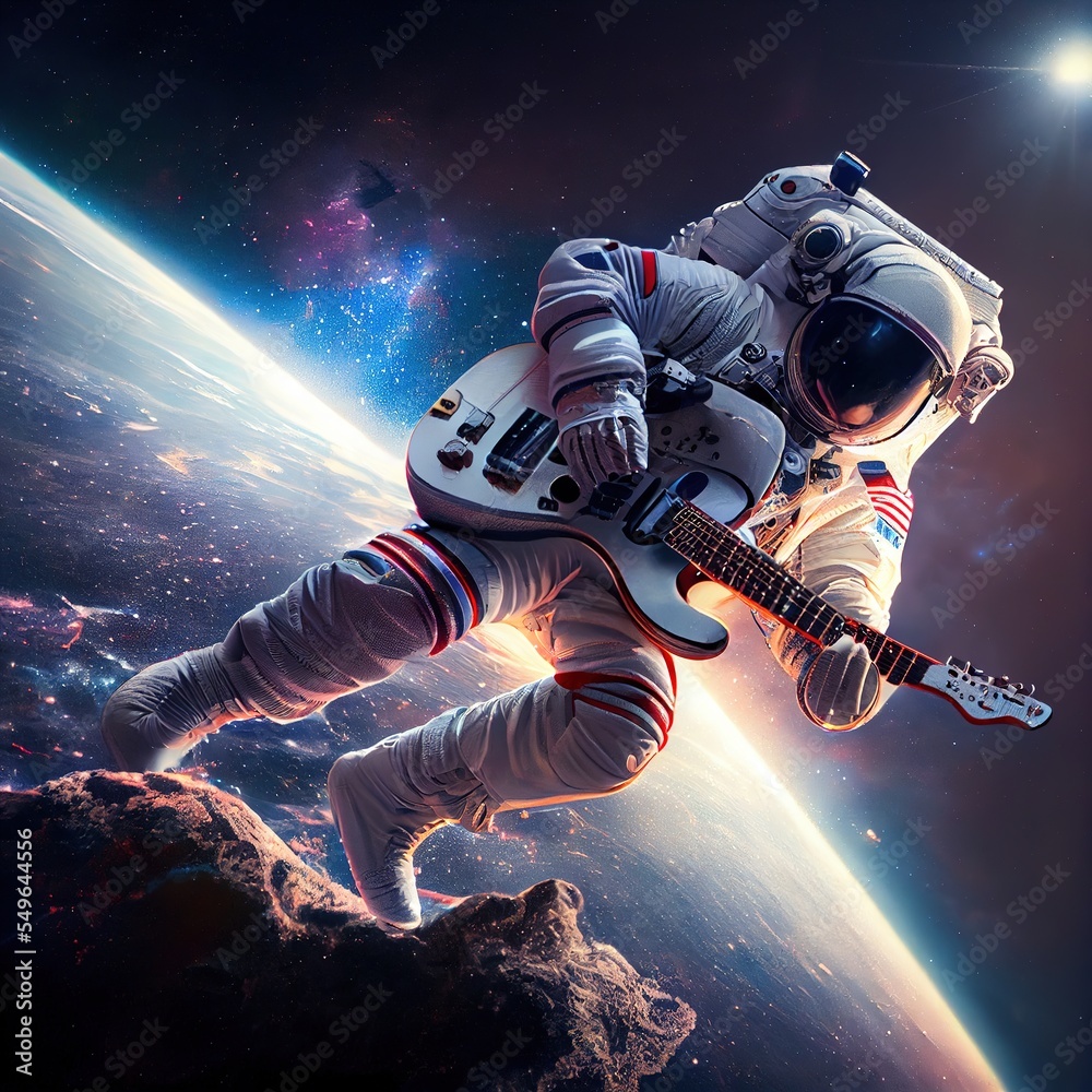 Astronaut soaring in the space at planet Earth orbit and playing guitar ...
