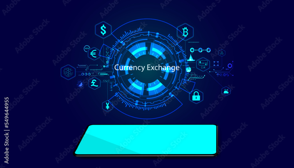Abstract background digital online currency exchange infographic hud interface on circle background and phone on blue background Abstract background digital online currency exchange infographic hud interface on circle background and phone on blue background
