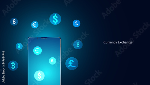 Abstract phone Digital Hologram Money transfer DeFi Decentralized Finance Blockchain, cryptocurrency and bitcoin, online, internet transaction Futuristic.