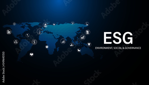 Abstract ESG with map icon concept sustainable corporate development Environment, Social, and Governance on a modern blue background.