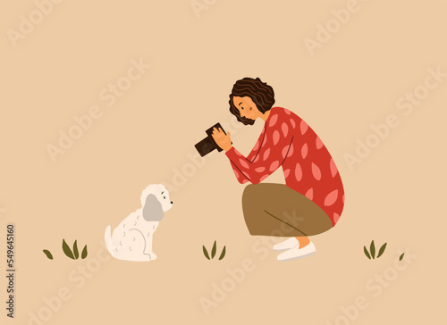 A woman takes a photo of a cute white dog. Flat vector illustration.