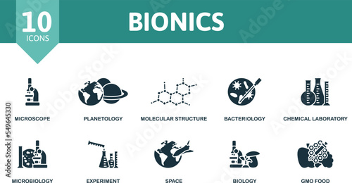 Bionics icon set. Monochrome simple Bionics icon collection. Microscope, Planetology, Molecular Structure, Bacteriology, Chemical Laboratory, Microbiology, Experiment, Space, Biology, Gmo Food icon