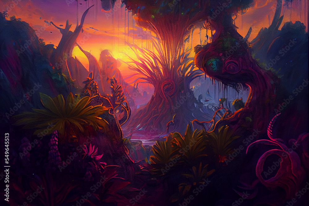 Fototapeta premium sunset in magical fantasy jungle, landscape, digital painting, background