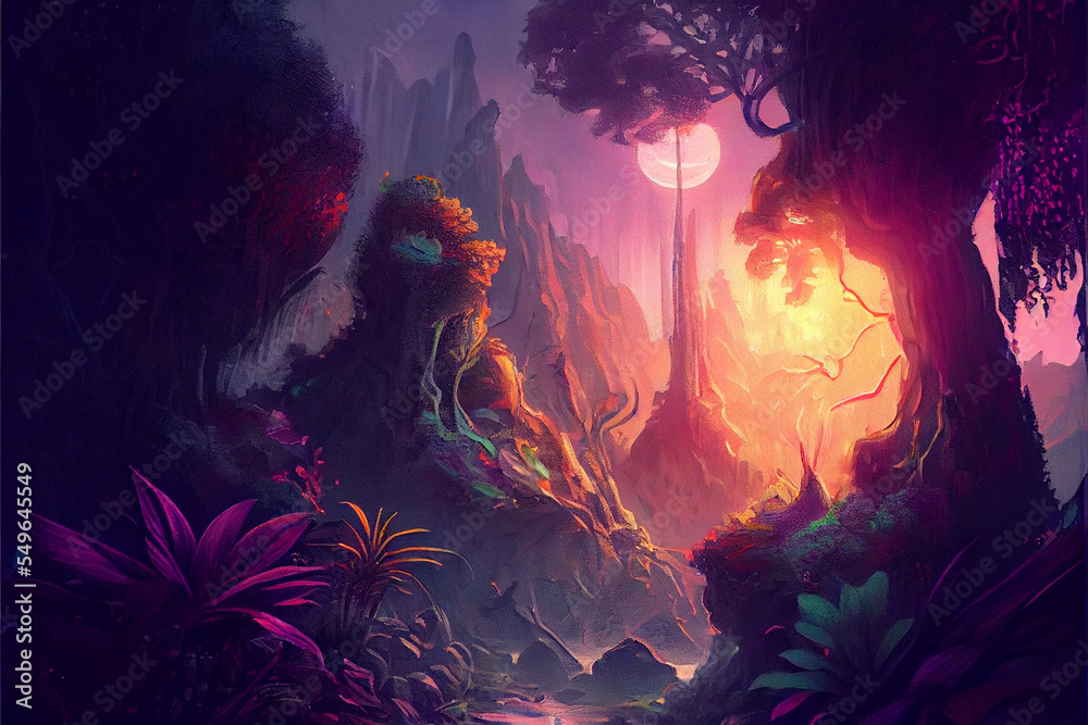 Fototapeta premium sunset in magical fantasy jungle, alien landscape, digital painting, background
