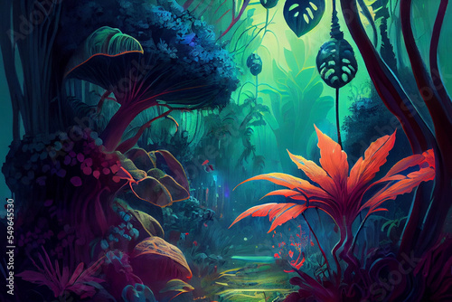 alien planet magical fantasy jungle, landscape, digital painting, background