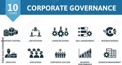 Corporate Governance icon set. Monochrome simple Corporate Governance icon collection. Inventory Control, Job Rotation, Labor Relations, Skill Management, Business Margin, Executive, Discussion