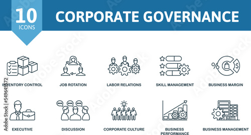 Corporate Governance icon set. Monochrome simple Corporate Governance icon collection. Inventory Control, Job Rotation, Labor Relations, Skill Management, Business Margin, Executive, Discussion