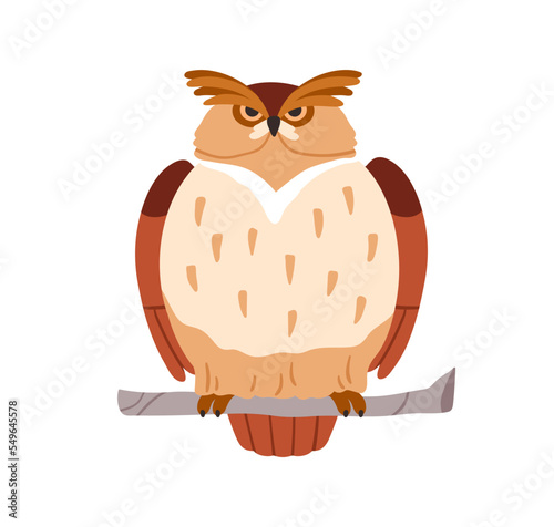 Cute old owl with serious face. Funny wise bird sitting on tree branch, twig. Elderly big birdie frowning with large feathered brows. Realistic flat vector illustration isolated on white background
