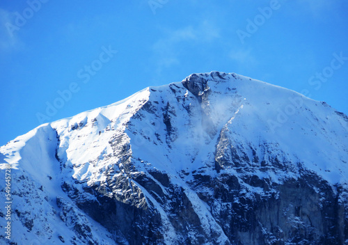 The first autumn snow on the Alpine peak Piz Sardona (3056 m) in the Swiss Alps and in the UNESCO World Heritage Tectonic Arena Sardona (UNESCO-Welterbe Tektonikarena Sardona), Vättis - Switzerland