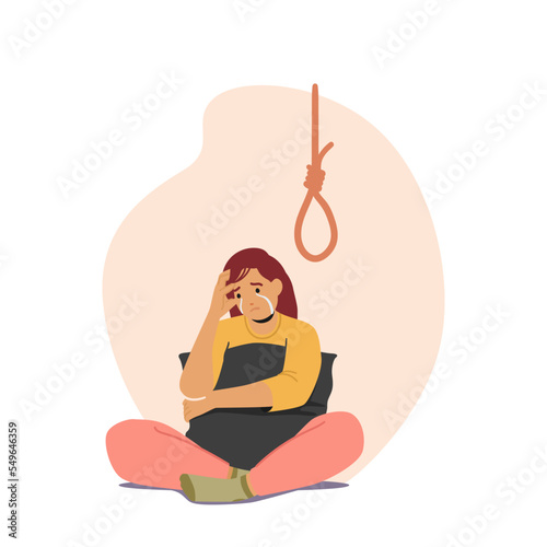 Depression, Mental Disease, Mind Health Problem Concept. Unhappy Woman Sitting on Floor Thinking of Suicide