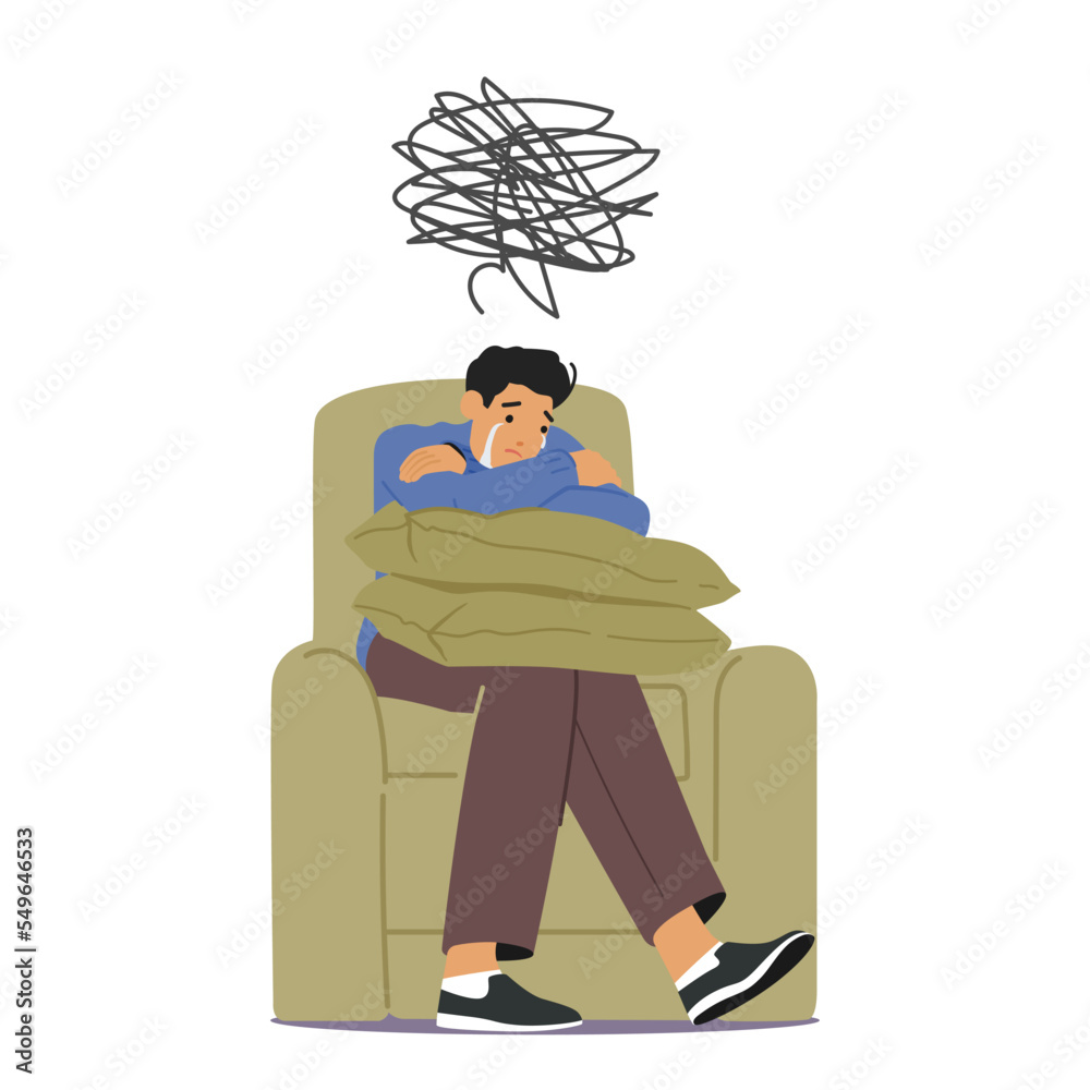 Male Character Depression and Life Problems. Depressed Man with Bewildered Thoughts in Mind Sit in Armchair and Crying