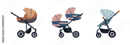 Set of different baby strollers. Modern baby carriages for twins and newborns. Hand drawn vector illustration isolated on white background, flat cartoon style.