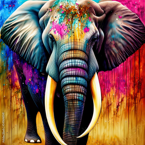 colorful and vivid illustration of abstract elephant with paint splitters on colorful packground